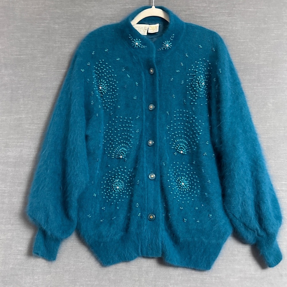 Vintage Belldini Top S Teal Beaded Rhinestone Fuzzy Lined Cardigan